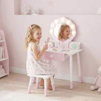 AIYAPLAY Kids Vanity Set, Kids Dressing Table with Chair, Acrylic Mirror, Lighted Bulbs, 7-Piece Accessories, for 3-8 Years, Pink(m-2)