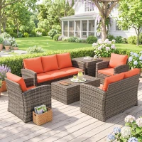Outsunny 6 Pieces Rattan Garden Furniture Set, 7 Seater Wicker Outdoor Furniture Set with Storage Tea Table & Side Table, Sectional Garden Sofa Set with Cushions, Orange(m-10)