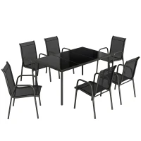 Outsunny Salon de Jardin 6 Personnes Ensemble Table et Chaises Jardin avec Chaises Empilables en Textilène 70x51x87cm Noir(m-1)