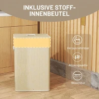 HOMCOM Bambus Wäschekorb mit Deckel 72 L Wäschesammler mit Bambusgriffen, herausnehmbarer Wäschesack Natur(m-7)