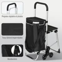 HOMCOM Chariot de courses pliable caddie de courses portable à roulettes avec siège pliable, sac amovible, 46x59,5x97cm, noir(m-9)