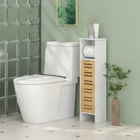 HOMCOM Meuble de salle de bain avec support papier toilette barre amovible 3 Niveaux + Sortie Papier, 78H cm, Bambou blanc(m-10)