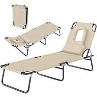 Outsunny Folding Sun Lounger with Face Hole, 4-Position Adjustable Backrest Garden Recliner Chair Sunbed, Outdoor Lounge Chair with 600 D Oxford Cloth Seat, Pillow for Beach, Beige(m-10)