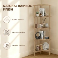 HOMCOM Bamboo Storage Shelf, 5-tier Corner Shelf, Freestanding Shelving Unit for Living Room, Home Office, Natural Wood Finish(m-6)