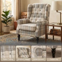 HOMCOM Wingback Accent Chair, Linen-Look Fabric Armchair with Thick Spring Cushion, High Back, Khaki Plaid(m-4)