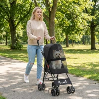 PawHut Dog Stroller, Foldable Cat Dog Pram for Miniature Breeds, Pet Stroller with Brake, Mesh Windows, Black(m-2)