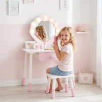 AIYAPLAY Kids Vanity Set, Kids Dressing Table with Chair, Acrylic Mirror, Lighted Bulbs, 7-Piece Accessories, for 3-8 Years, Pink(m-14)