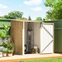Outsunny 3.3 x 3.4ft Lean To Steel Garden Shed with Locking Door - Light Brown Wood Effect/White(m-9)