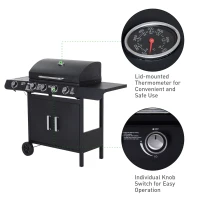 Outsunny 4+1 Burner Gas BBQ Grill, Outdoor Barbecue Trolley with Wheels, Warming Rack, Side Shelves, Cabinet, Thermometer for Garden, Party, Camping, 125 L x 51 W x 100 H cm, Black(m-8)