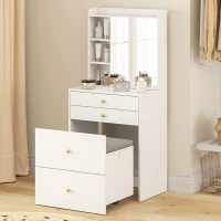 HOMCOM Dressing Table with Mirror and Mobile Storage Stool, Compact Vanity Table with Cabinet, Drawers, Open Shelves, White(m-14)