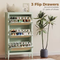 HOMCOM Narrow Shoe Cabinet, Boho Slim Shoe Storage Cabinet with 3 Flip Drawers, Holds 21 Pairs, Light Green(m-5)