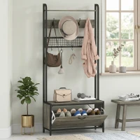 HOMCOM Schuhgarderobe 5-in-1 mit Sitzbank, Gitterpaneel, Schrank, 10 Haken, oberes Ablagebrett und Stahlrahmen, Grau(m-4)