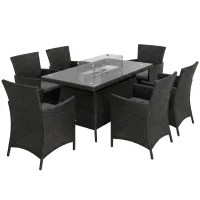 Outsunny 7 Pieces Outdoor Rattan Garden Furniture with Fire Pit Table, 6 Seater Garden Table and Chairs with Cushions, Rattan Dining Set with Propane Heater Table, Windscreen, 50,000 BTU, Black(m-1)