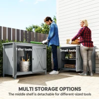 Outsunny Wooden Garden Shed, Outdoor Fir Wood Storage Shed with Shelf and Double Doors, Light Grey(m-4)