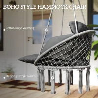 Outsunny Hanging Chair Outdoor Hammock Chair with Soft Cushion, Cotton Rope Boho Style Swing Chair, Hanging Garden Swing Seat for Indoor Outdoor, Dark Grey(m-5)