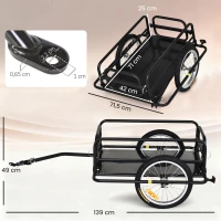 HOMCOM Remorque vélo remorque de transport pour vélo 70L 139L x 71,5l x 49H cm barre d'attelage universelle acier noir(m-3)