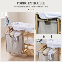 HOMCOM Cesto de Ropa Sucia 57,4L con Tabla de Planchar Soporte para Plancha 3 Estantes y Bolsa Extraíble 113x34x82 cm Natural(m-6)