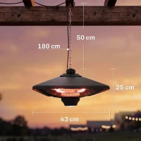Outsunny Hanging Electric Patio Heater with 2 Power Settings, 1000/2000W Waterproof Ceiling Mounted Aluminium Halogen Infrared Outdoor Heater Warmer with LED Light and Remote Control, Black(m-3)