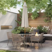 Outsunny 4 Seater Rattan Dining Set, Rattan Garden Furniture Set with Parasol Hole, Outdoor Dining Table and Chairs Set with Cushions, Round Glass Top Table for Patio, Balcony, Light Brown(m-2)