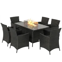 Outsunny 7 Pieces Outdoor Rattan Garden Furniture with Fire Pit Table, 6 Seater Garden Table and Chairs with Cushions, Rattan Dining Set with Propane Heater Table, Windscreen, 50,000 BTU, Black(m-11)