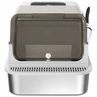 PawHut XXL Stainless Steel Cat Litter Tray, Enclosed Cat Litter Box with 90° Flip Cover, Double Doors, Scoop, Easy Clean, Grey(m-13)