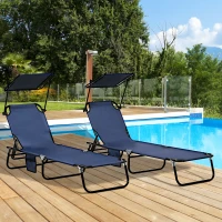 Outsunny Set of Two Folding Sun Loungers, with Adjustable Backs and Sun Canopies - Dark Blue(m-10)