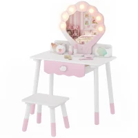 AIYAPLAY Kids Vanity Set, Kids Dressing Table with Chair, Acrylic Mirror, Lighted Bulbs, 7-Piece Accessories, for 3-8 Years, Pink(m-15)