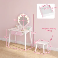 AIYAPLAY Kids Vanity Set, Kids Dressing Table with Chair, Acrylic Mirror, Lighted Bulbs, 7-Piece Accessories, for 3-8 Years, Pink(m-3)