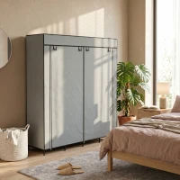 HOMCOM Kleiderschrank Stoffschrank, Türen, 2 Kleiderstangen, 10 Fächer, Grau(m-8)