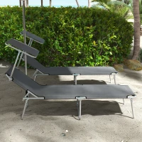 Outsunny Folding Sun Lounger Set of 2 with Canopy, Reclining Sunbed with 4-Position Adjustable Backrest, 600D Oxford Cloth, Portable Garden Lounger Recliner Chair for Beach, Camping, Patio, Grey(m-10)
