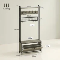 HOMCOM Schuhgarderobe 5-in-1 mit Sitzbank, Gitterpaneel, Schrank, 10 Haken, oberes Ablagebrett und Stahlrahmen, Grau(m-3)