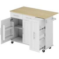 HOMCOM Îlot Central Cuisine avec Plateau Rabattable, Roulettes, 2 Tiroirs, Portes à Fermeture Douce, Porte-Serviettes, Blanc(m-1)