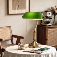 HOMCOM Desk Lamp with USB Ports, Banker's Table Lamp Desk Lamp with Vintage Bronze Tone Base and Pull Rope Switch, Green(m-2)