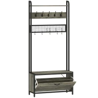 HOMCOM Schuhgarderobe 5-in-1 mit Sitzbank, Gitterpaneel, Schrank, 10 Haken, oberes Ablagebrett und Stahlrahmen, Grau(m-1)