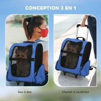 PawHut Sac de transport à roulettes pour chien 2 en 1 trolley chariot sac à dos pour chien chat avec poignée téléscopique, sacs de rangement, aérations, attache de sécurité, 42 x 25 x 55 cm, bleu(m-4)