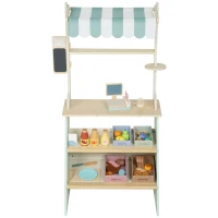 AIYAPLAY Wooden Toy Shop, Wooden Market Stall with Cash Register, Blackboard and Toy Food, 4 Storage Boxes, Ages 3+, Green(m-11)