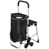 HOMCOM Chariot de courses pliable caddie de courses portable à roulettes avec siège pliable, sac amovible, 46x59,5x97cm, noir(m-14)