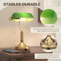 HOMCOM Desk Lamp with USB Ports, Banker's Table Lamp Desk Lamp with Vintage Bronze Tone Base and Pull Rope Switch, Green(m-5)