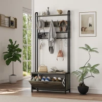 HOMCOM Schuhgarderobe 5-in-1 mit Sitzbank, Gitterpaneel, Schrank, 10 Haken, oberes Ablagebrett und Stahlrahmen, Grau(m-5)