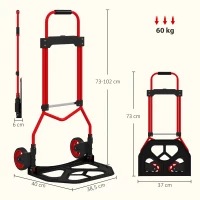 HOMCOM Chariot pliant avec poignée télescopique réglable Carga 60 kg chariot à main avec roues pour garage bureau rouge(m-3)
