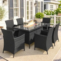 Outsunny 7 Pieces Outdoor Rattan Garden Furniture with Fire Pit Table, 6 Seater Garden Table and Chairs with Cushions, Rattan Dining Set with Propane Heater Table, Windscreen, 50,000 BTU, Black(m-10)