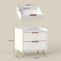 HOMCOM Table de chevet, table de nuit avec 2 tiroirs rainurés, pieds en métal dorés, 50 x 40 x 50 cm, blanc(m-3)