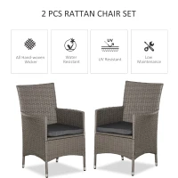 Outsunny 2 Pieces Outdoor PE Rattan Dining Chairs Set with Cushion, Garden Armchair with Armrests, High Backrest, Metal Frame Patio Wicker Furniture, Grey(m-4)