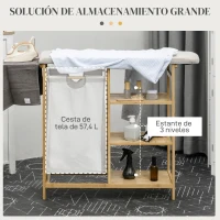 HOMCOM Cesto de Ropa Sucia 57,4L con Tabla de Planchar Soporte para Plancha 3 Estantes y Bolsa Extraíble 113x34x82 cm Natural(m-4)