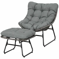 Outsunny Rattan Relaxsessel mit Fußhocker, Gartensessel mit dicke Kissen Outdoor Rattanstuhl Gartenstuhl für Garten, Balkon, Terrasse Grau(m-11)