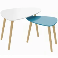 HOMCOM Lot de 2 tables basses gigognes design scandinave pieds en bois et plateau en bois, blanc et bleu(m-1)