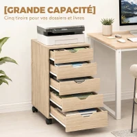 HOMCOM Caisson bureau mobile, meuble rangement sur roulettes avec 5 tiroirs, bois, 40 x 40 x 67 cm, chêne(m-4)