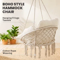 Outsunny Hanging Chair Outdoor Hammock Chair with Soft Cushion, Cotton Rope Boho Style Swing Chair, Hanging Garden Swing Seat for Indoor Outdoor, Cream White(m-5)