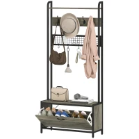 HOMCOM Schuhgarderobe 5-in-1 mit Sitzbank, Gitterpaneel, Schrank, 10 Haken, oberes Ablagebrett und Stahlrahmen, Grau(m-7)