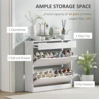 HOMCOM Armoire à Chaussures avec 2 Tiroirs Rabattables + 1 Tiroir Coulissant + 1 Comptoir et 1 Plateau en Verre blanc(m-11)